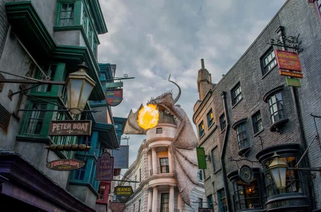 Orlando, FL, USA - January 2, 2015: Dragon breathing fire at The Wizarding World of Harry Potter - Diagon Alley in Universal Studios Florida.