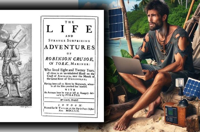 Hur skulle en modern Robinson Crusoe se ut? En skeppsbruten man som försöker få kontakt med omvärlden genom att väcka sin blöta laptop till liv och ilandflutna solceller? Illustration: Dall-E samt omslag från den första utgåvan av Robinson från 1719.