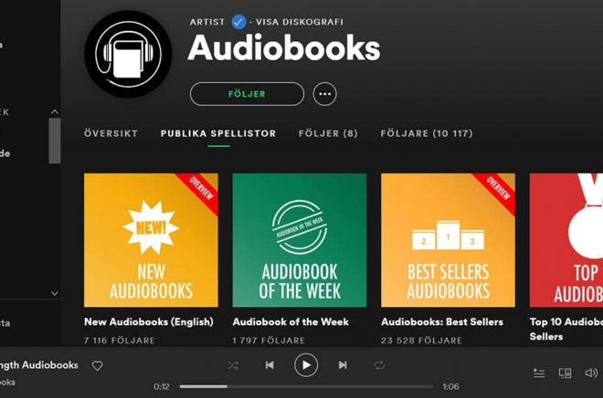 Så här ser artisten Audiobooks ut på Spotify. Med spellistor som omfattar första kapitlet i en rad böcker har musikjätten gjort det möjligt att lyssna på ljudböcker efter lite trixande. Skärmdump: Boktugg.