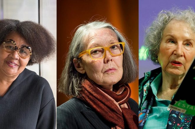 Tre kvinnliga författare nämns som kandidater till årets Nobelpris i litteratur: 
Jamaica Kincaid (foto: Fredrik Sandberg/TT), 
Anne Carson (foto: Pontus Lundahl/TT) och Margaret Atwood (foto: Alastair Grant/AP/TT).