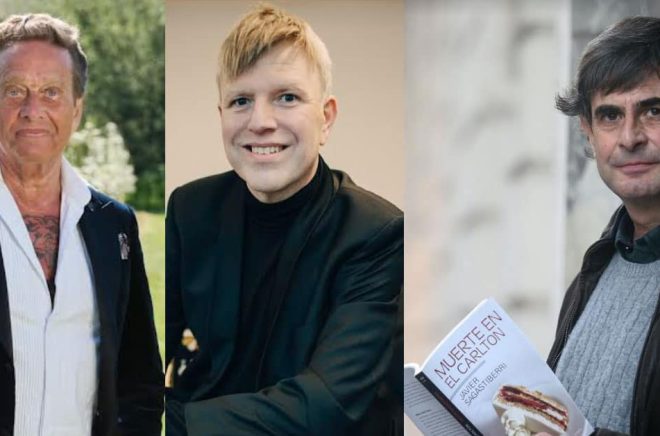 Tre av de första författarna som släpper sina böcker översatta med stöd av AI via Aniara är Björn Ranelid, Roger Lundgren och  Javier Sagastiberri. Foto: Pressbilder/Aniara.