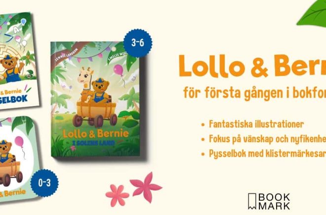 Karaktärerna Lollo & Bernie gjorde entré för första gången redan på 60-talet som maskotar hos resebolaget Ving. Generationer av barn har inspirerats av sånger, danser och filmer som engagerar och inspirerar till rörelse och upptäckaranda. Nu kommer karaktärerna för första gång till liv i böckernas värld. Pressbild.