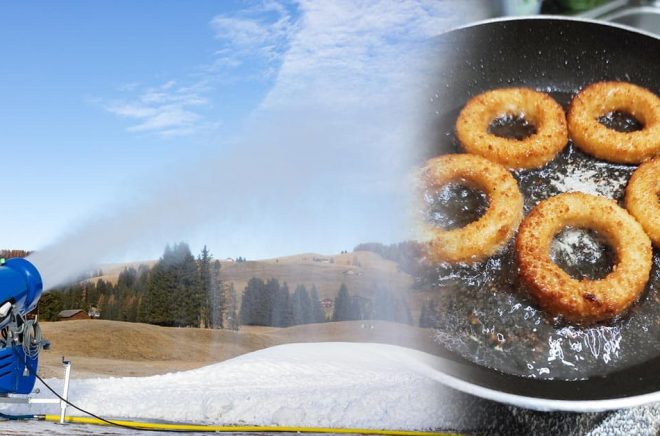 Olympic or onion rings? Snökanonerna jobbar inför vinter-OS i Peking. Foto: iStock. Montage: Boktugg. Varken snökanonen eller lökringarna har något med OS i Kina att göra.