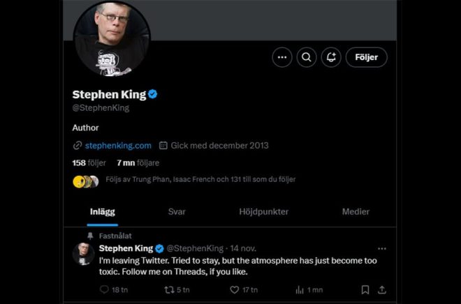 Stephen King har 7 miljoner följare på X (Twitter) men har nu tröttnat på samtalsklimatet. Istället flyttar han till Threads. Skärmdump.