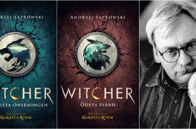 Omslagen till Witcher-böckerna Den sista önskningen och Ödets svärd som återutges av Albert Bonniers förlag i juni 2020. Författaren Andrzej Sapkowski (foto: Elzbieta Lempp).